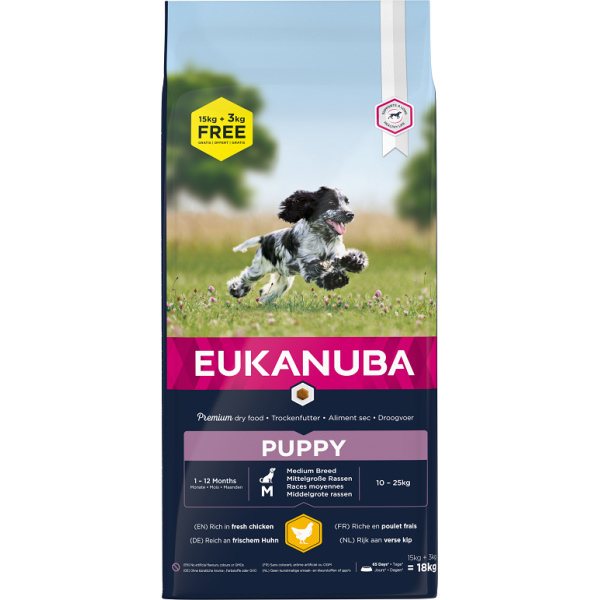 Eukanuba Puppy Medium 15kg + 3kg zdarma