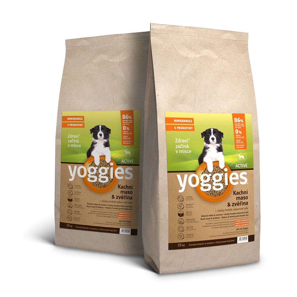 30kg Yoggies Active Kachní maso&zvěřina, minigranule lisované za studena s probiotiky