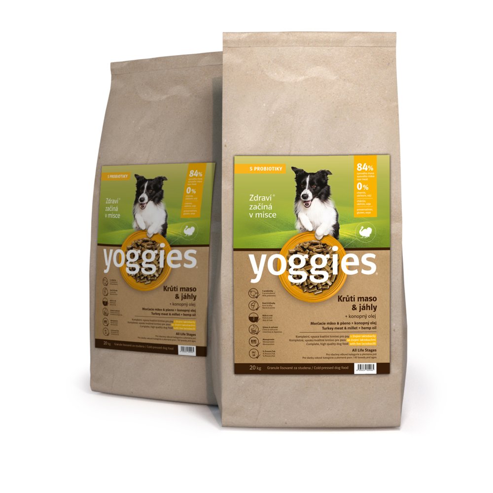 30kg Yoggies Krůtí maso&jáhly, granule lisované za studena s probiotiky