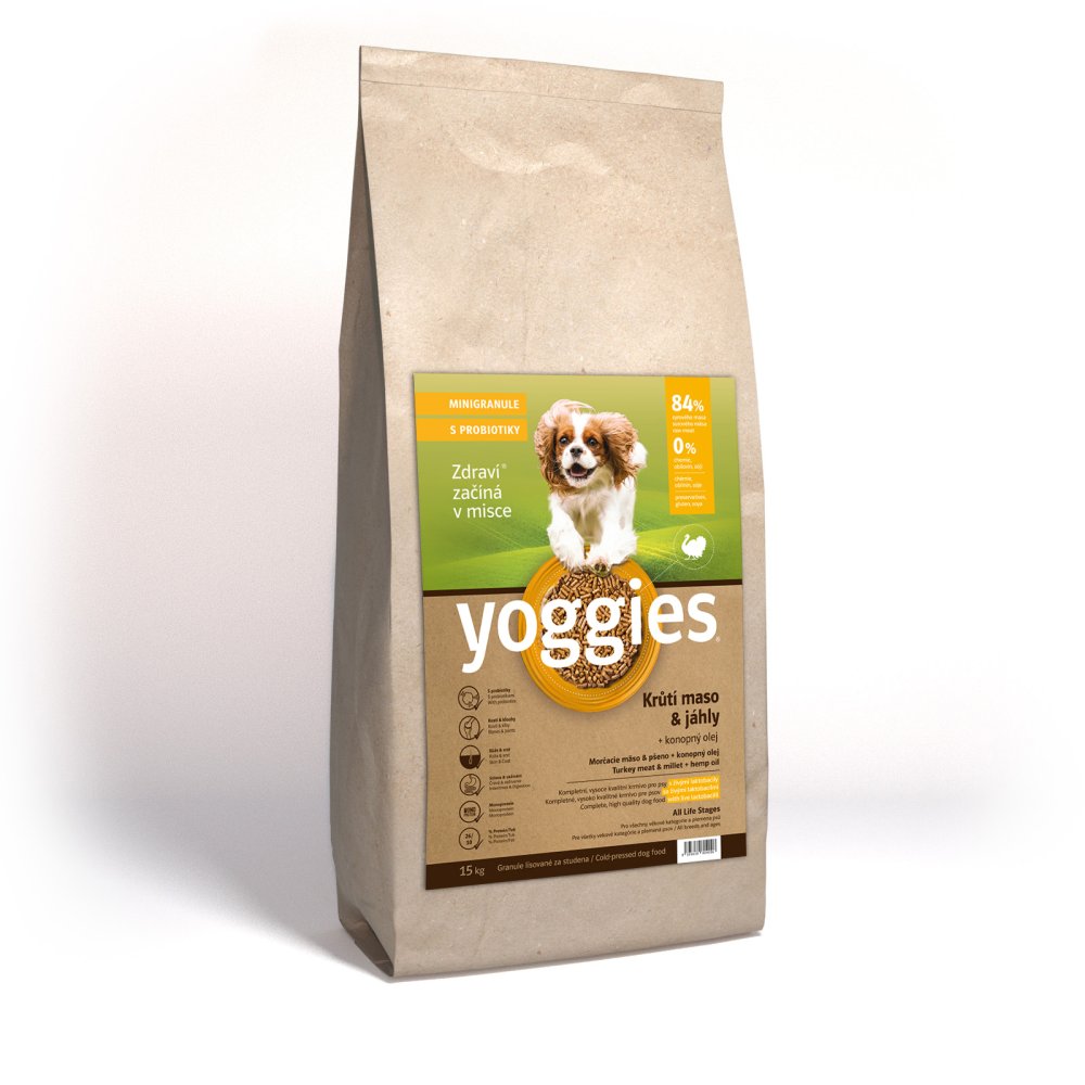 15kg Yoggies Krůtí maso&jáhly, minigranule lisované za studena s probiotiky