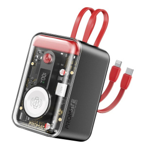 PROMATE Multi-Device Transparentní powerbanka s vestavěným USB-C & Lightning kabelem, 65 W, 20 000 mAh, červená