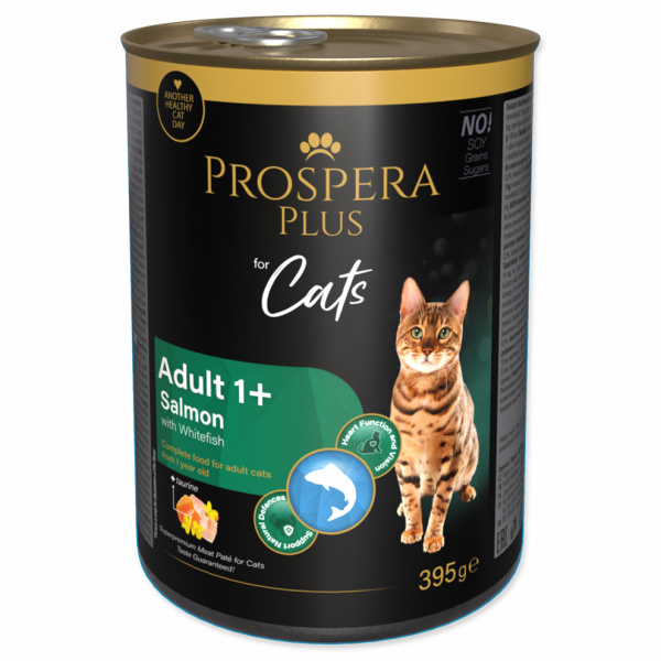 Konzerva Prospera Plus Cat Meat Paté Adult 1+ losos a bílá ryba 395g